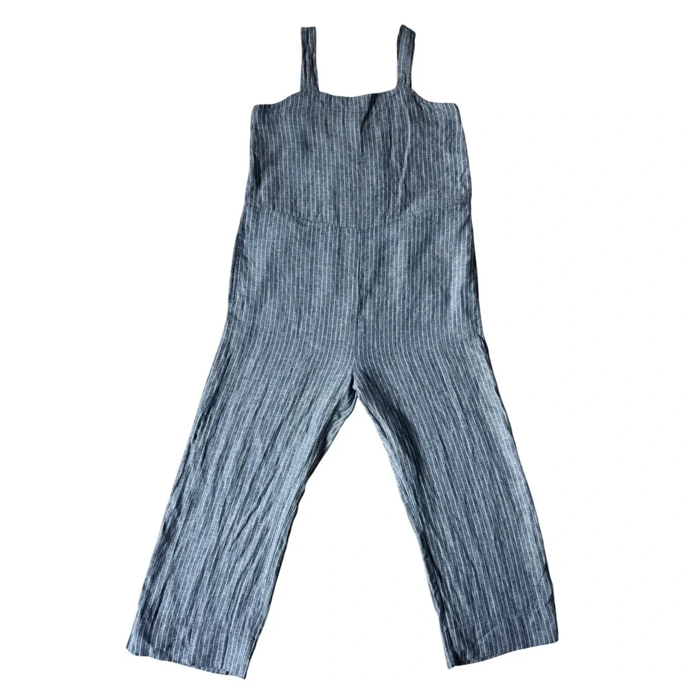 Quince Jumpsuit NO BELT European Linen Square Neck Blue Chambray Stripe Large